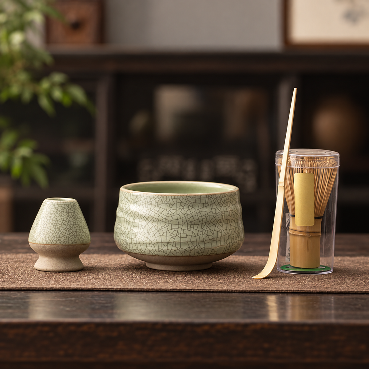 Wave Crackle Grey-Green — Four-Piece Bamboo Whisk Set