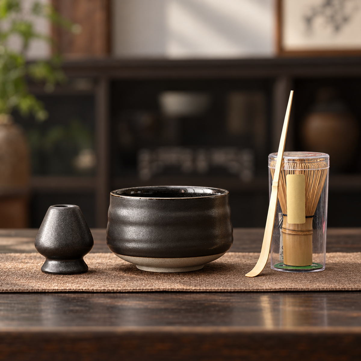 Wave Half-Black — Four-Piece Bamboo Whisk Set