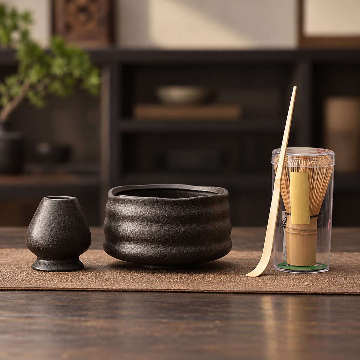 Wave Charcoal — Four-Piece Bamboo Whisk Set