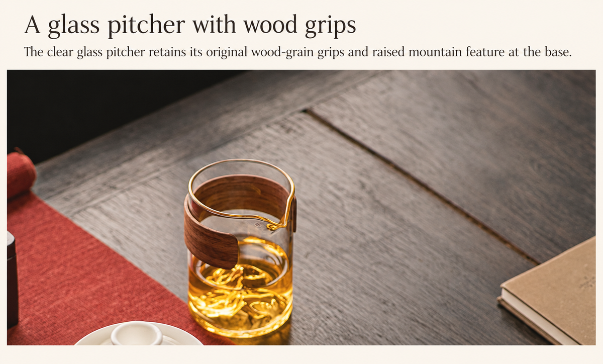 A glass pitcher with wood grips