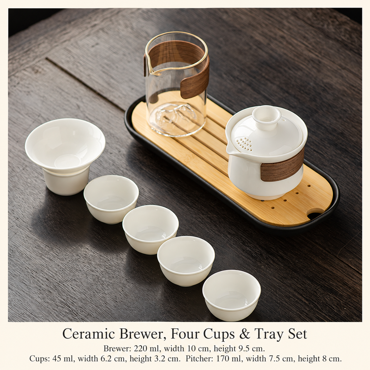 Ceramic Brewer, Four Cups & Tray Set