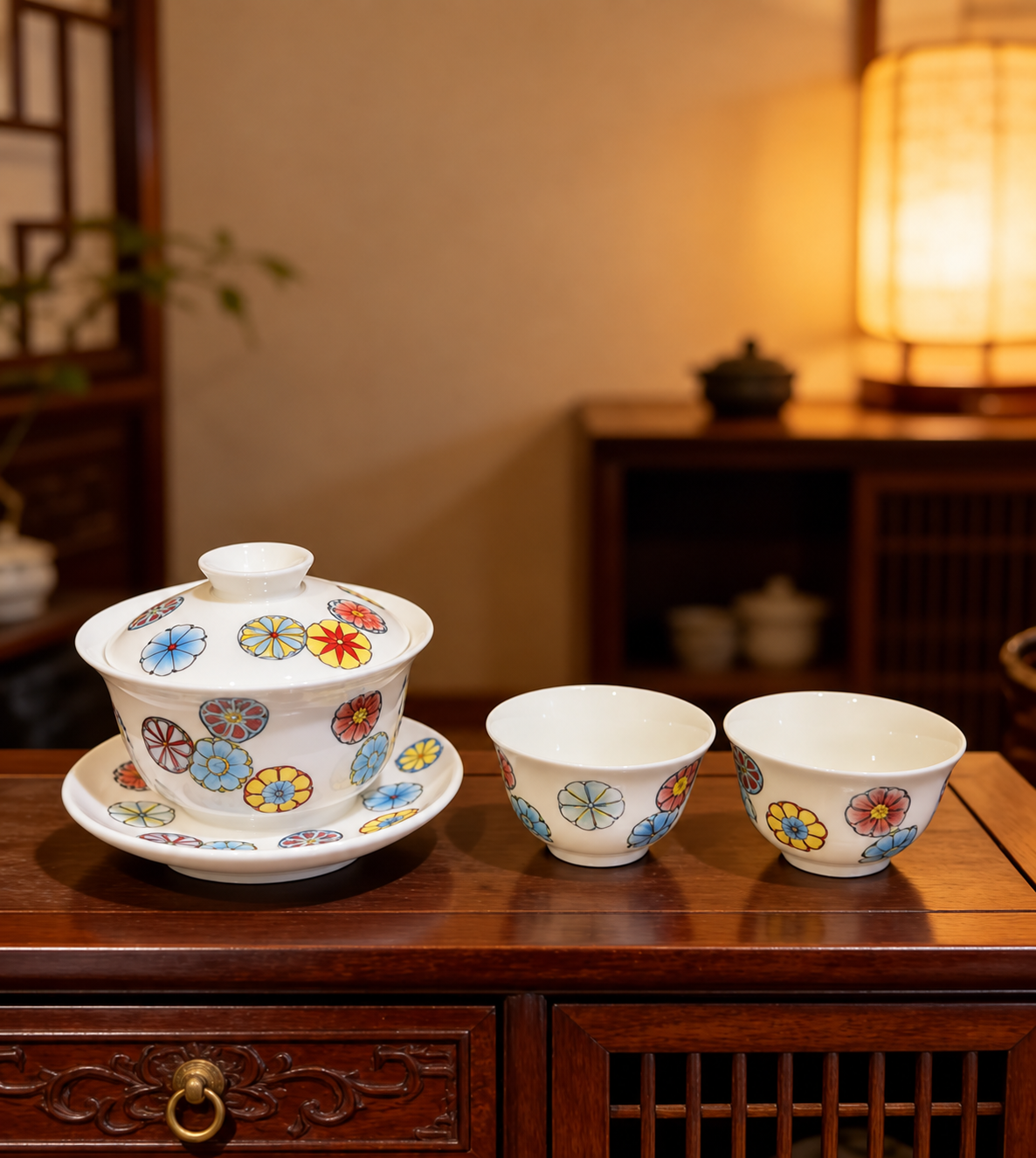 Floral Porcelain Gaiwan & Two Cups — image 4