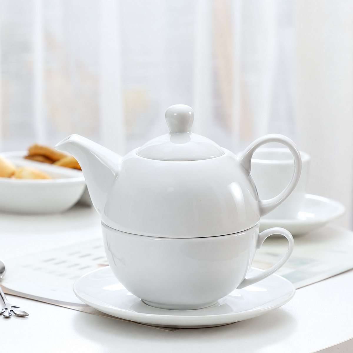 Rounded White Tea-for-One Set — image 2