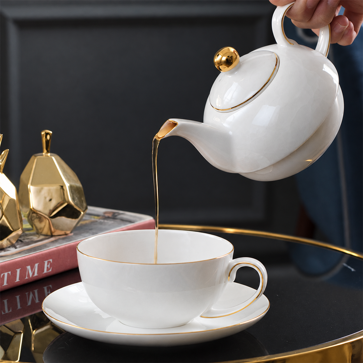 White Ceramic Tea for One with Gold-Tone Trim — image 2