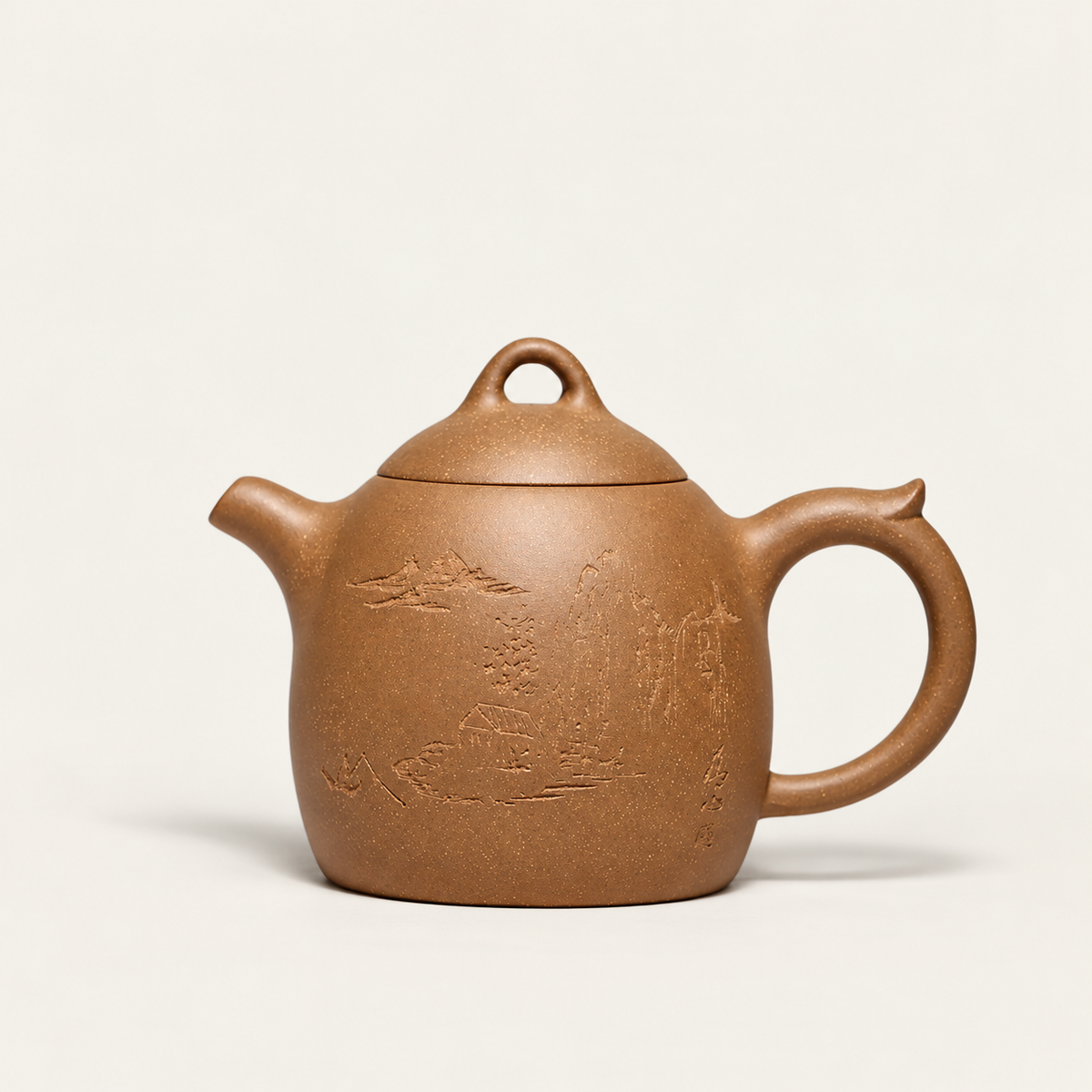 Landscape-Engraved Brown Ceramic Teapot — image 5