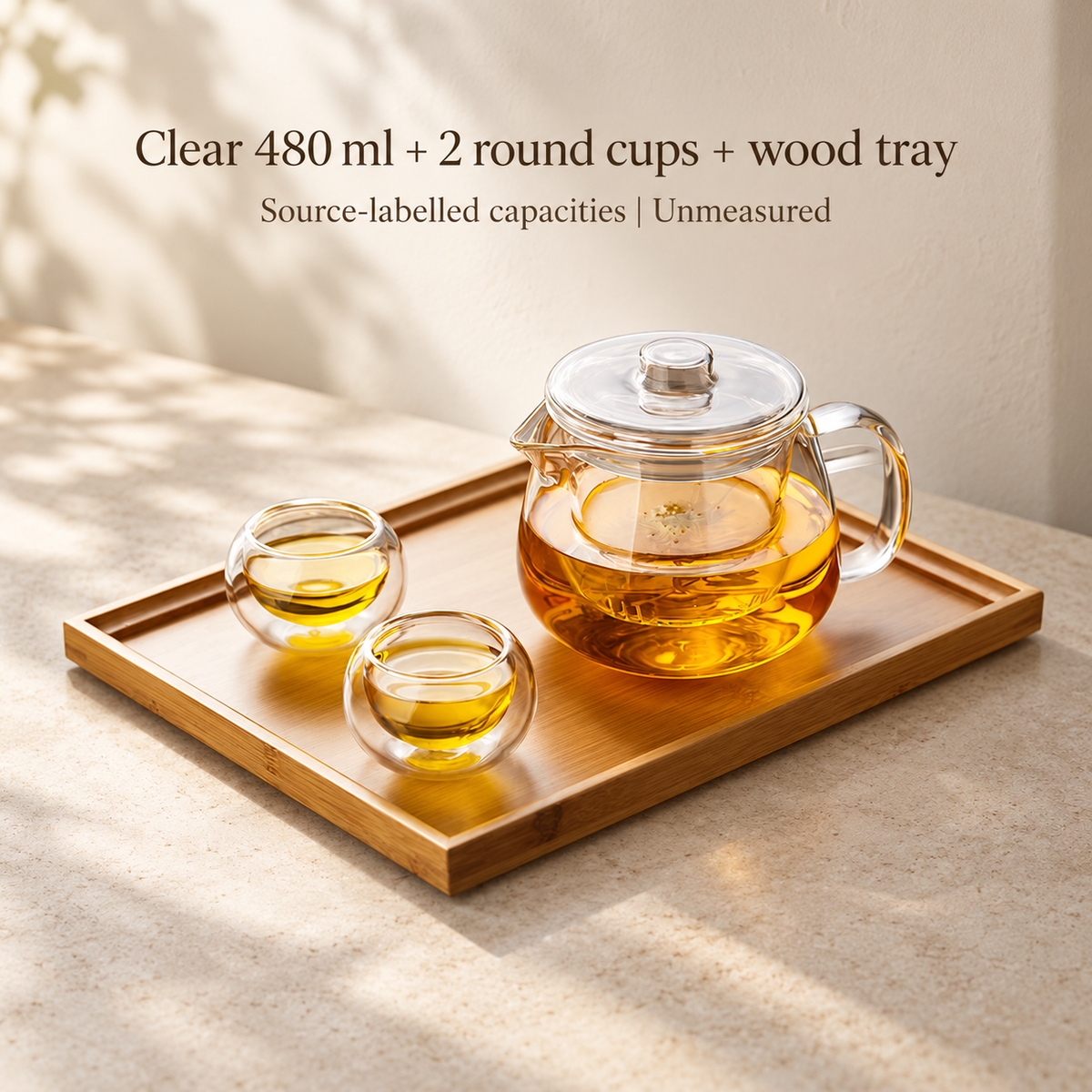 Clear 480 ml + 2 round cups + wood tray