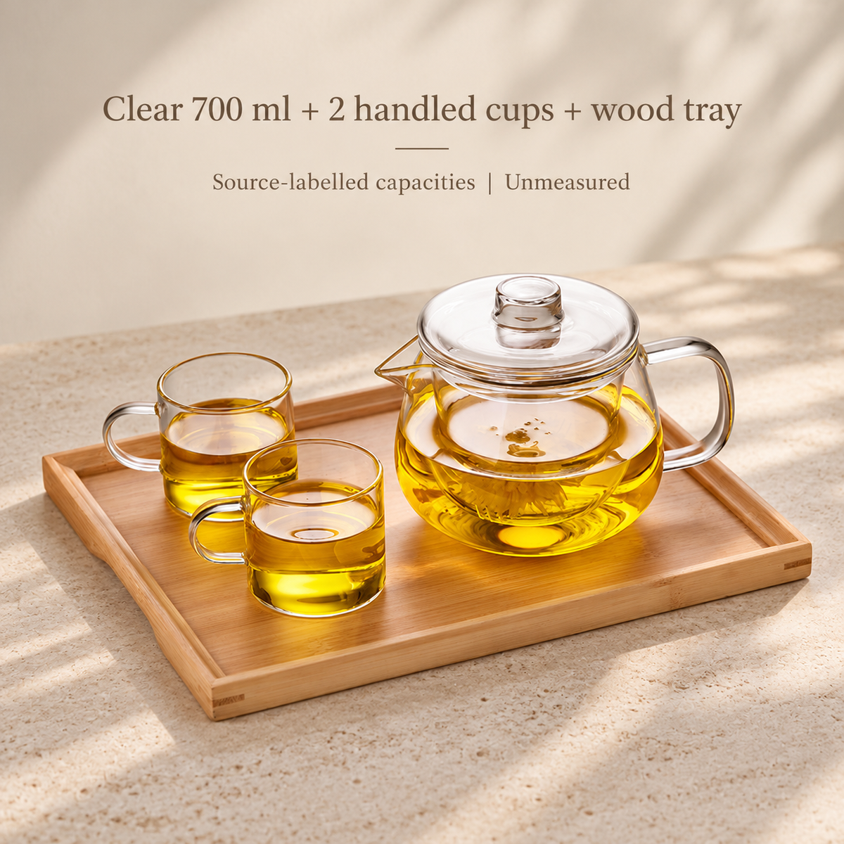 Clear 700 ml + 2 handled cups + wood tray
