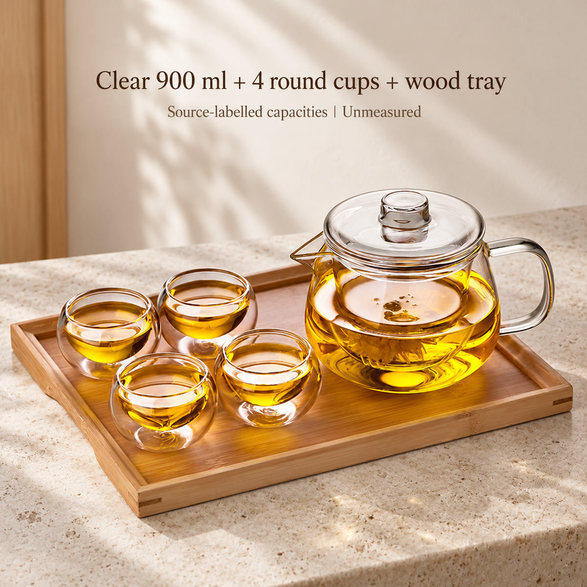 Clear 900 ml + 4 round cups + wood tray