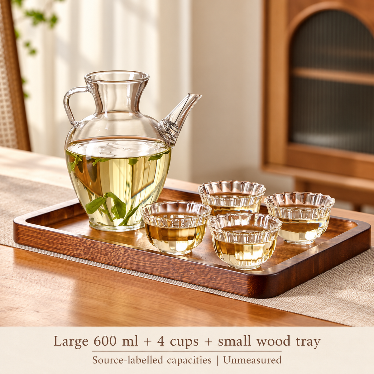 Large 600 ml + 4 cups + small wood tray