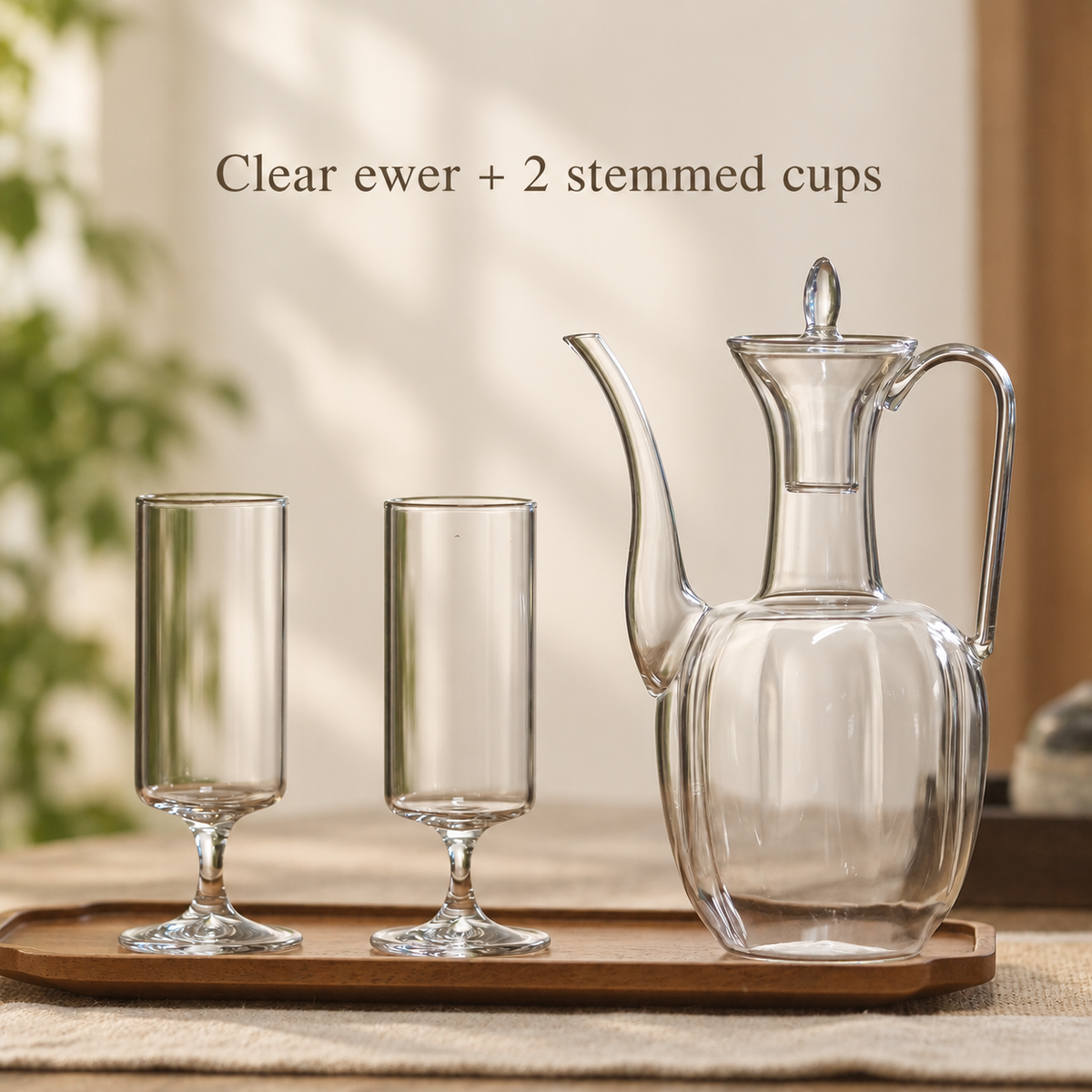 Clear ewer + 2 stemmed cups