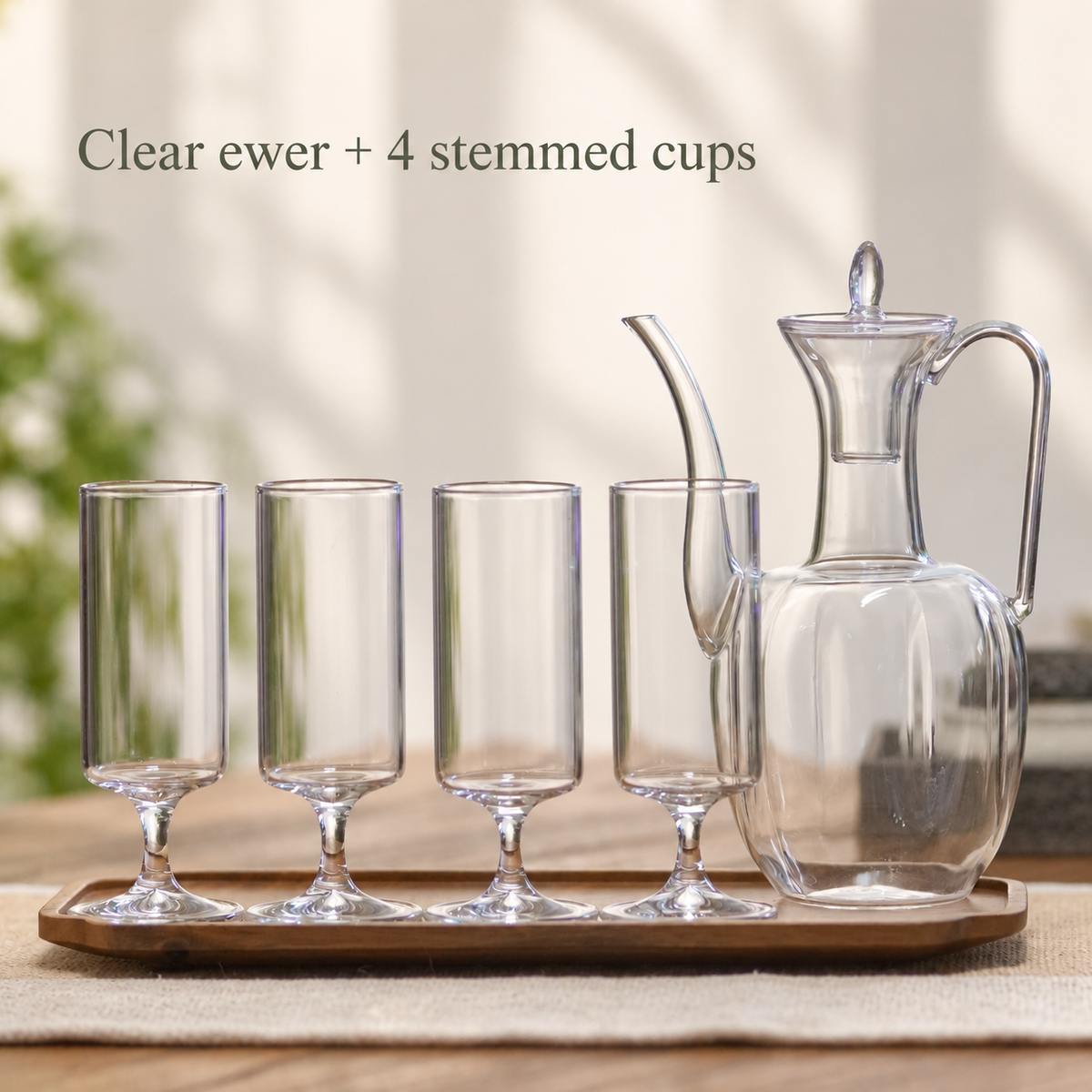 Clear ewer + 4 stemmed cups
