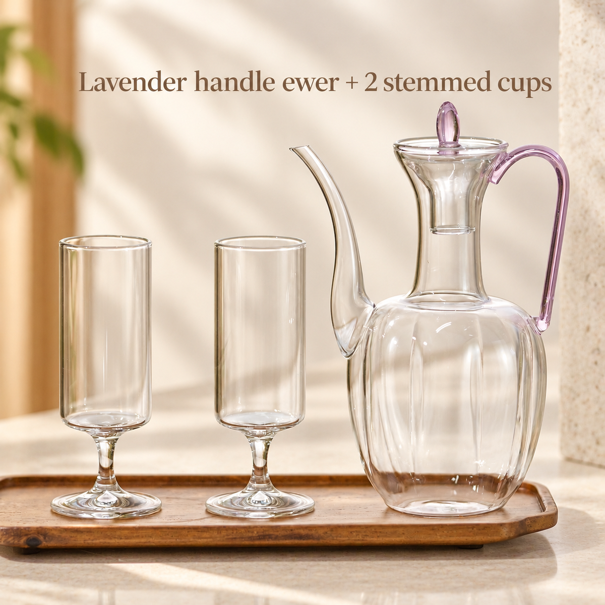 Lavender handle ewer + 2 stemmed cups