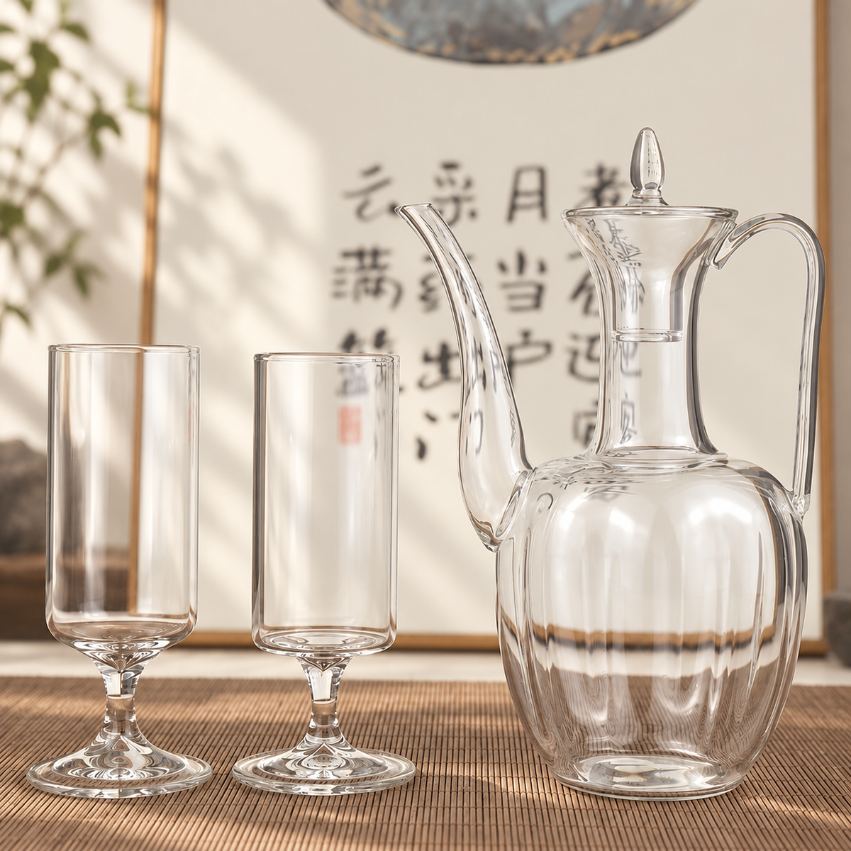 Glass ewer + 2 stem glasses