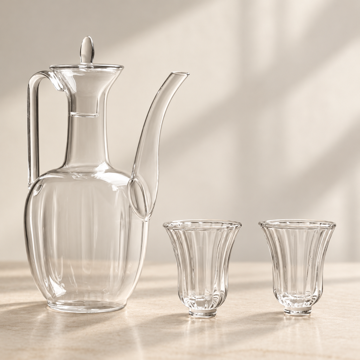 Glass ewer + 2 Hua Shen fluted cups