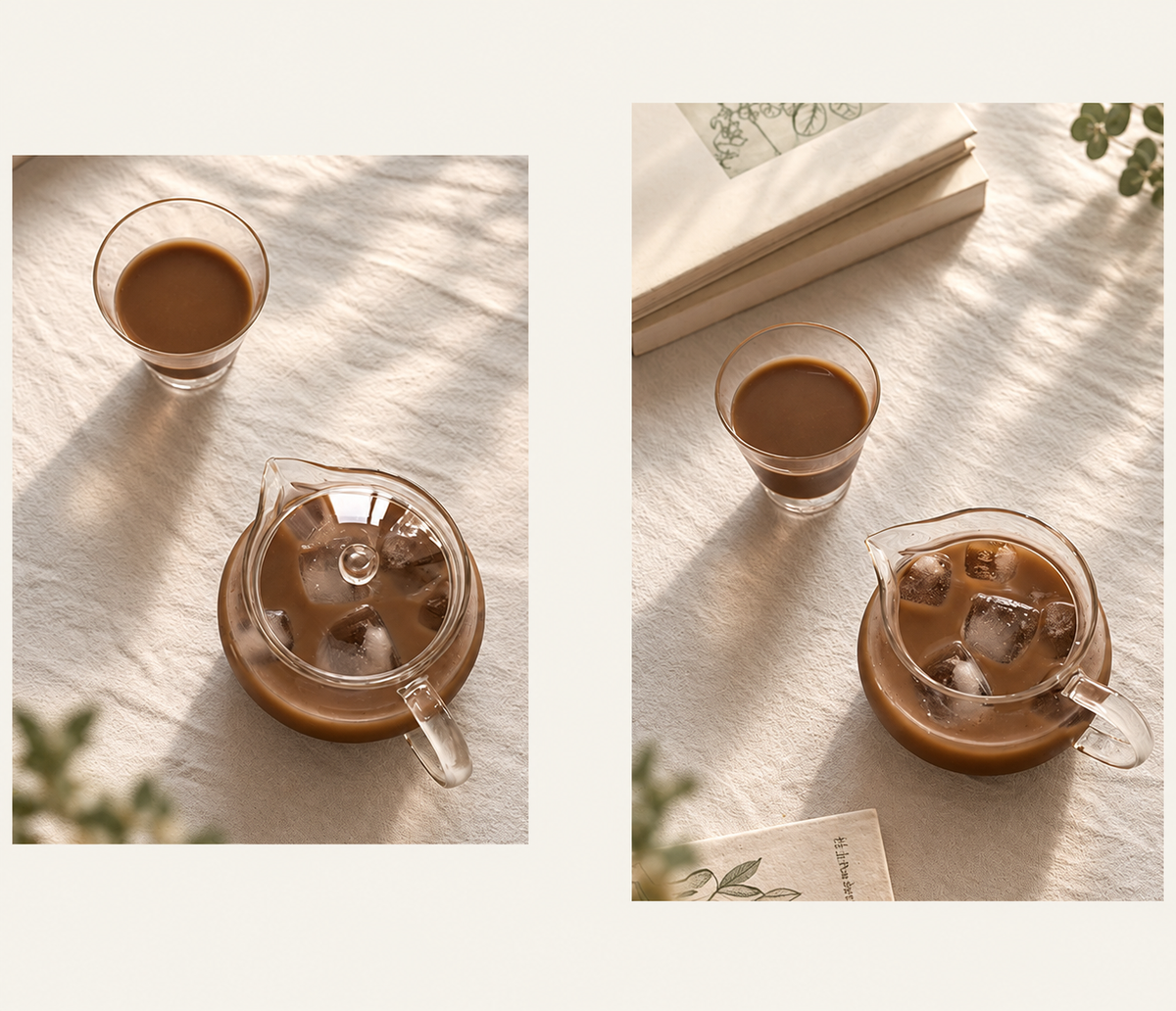 Two views of iced coffee