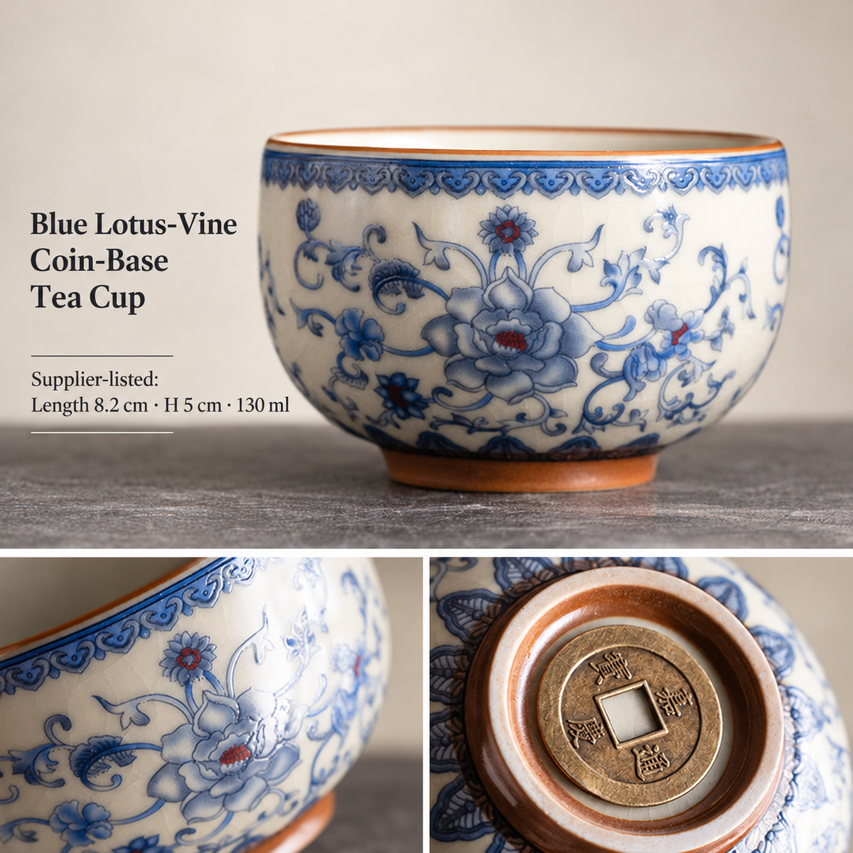 Blue Lotus-Vine Coin-Base Tea Cup