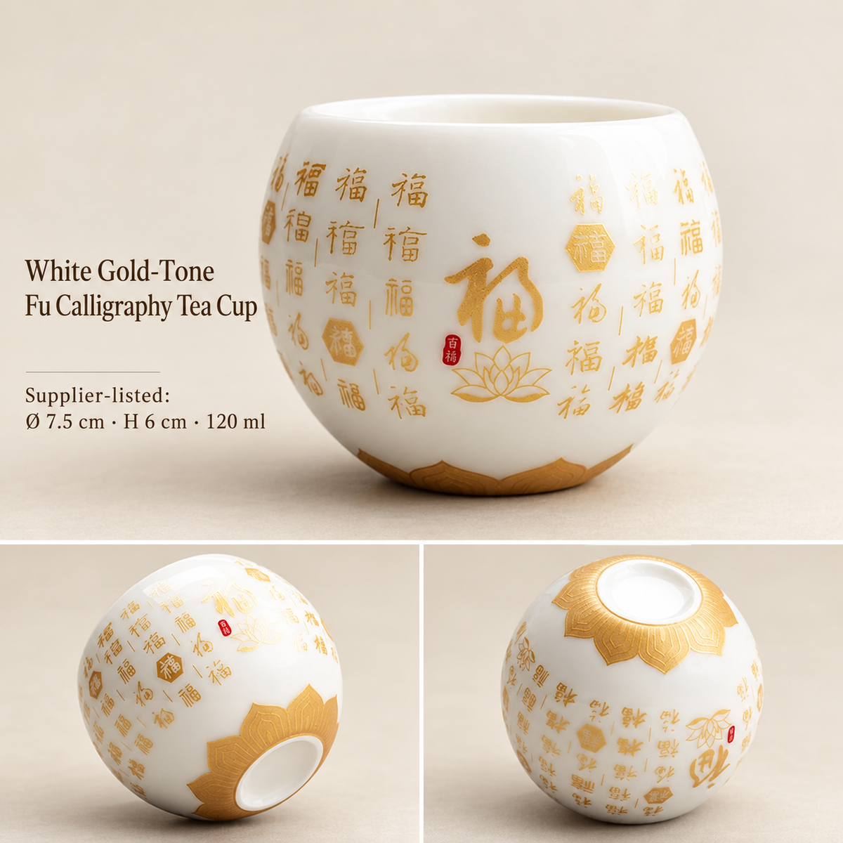 White Gold-Tone Fu Calligraphy Tea Cup