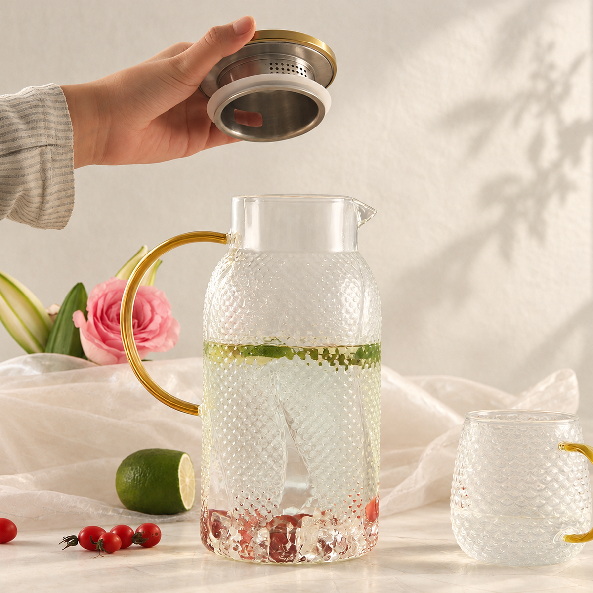 Dot-Textured Glass Pitcher with Gold-Tone Handle — image 5