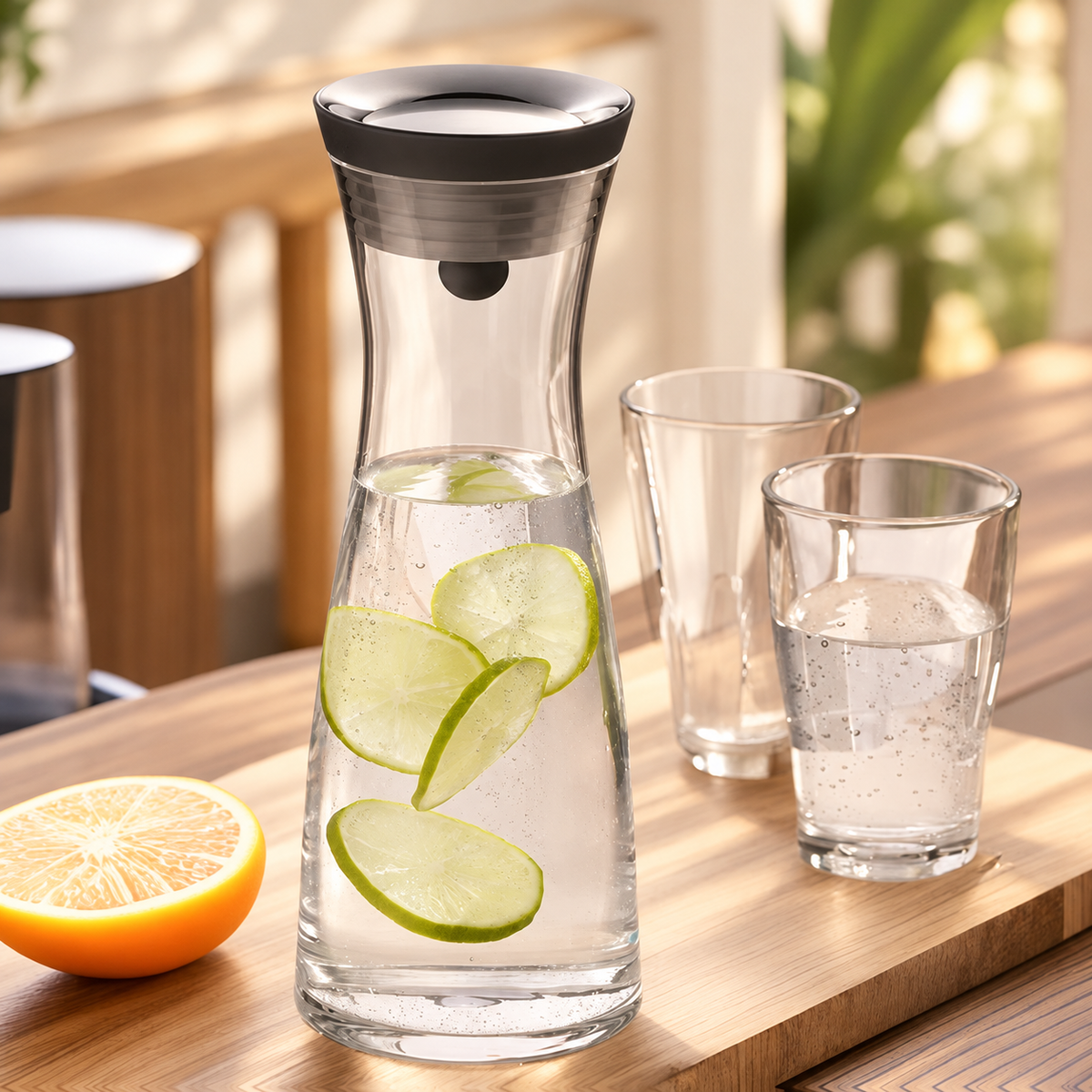Clear Glass Carafe with Silver-Tone Floating Lid — image 1