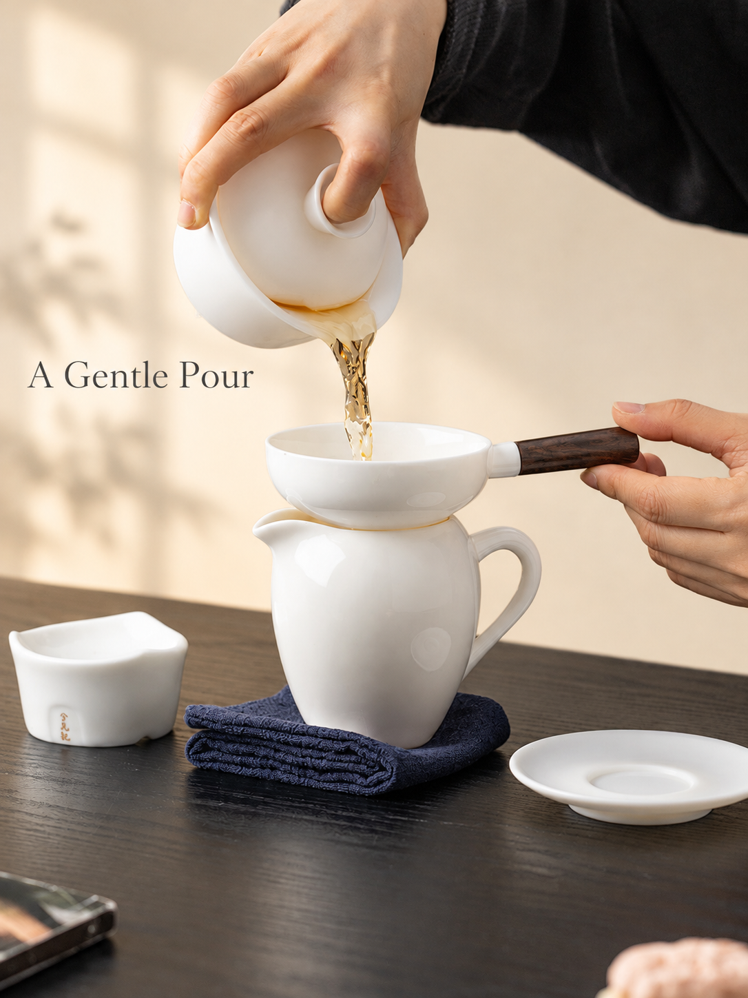 White Ceramic Tea Filter with Wooden Handle and Matching Rest — image 3