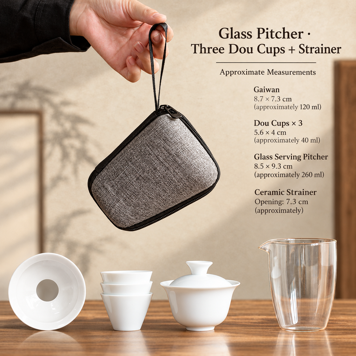 Glass Pitcher · Three Dou Cups + Strainer