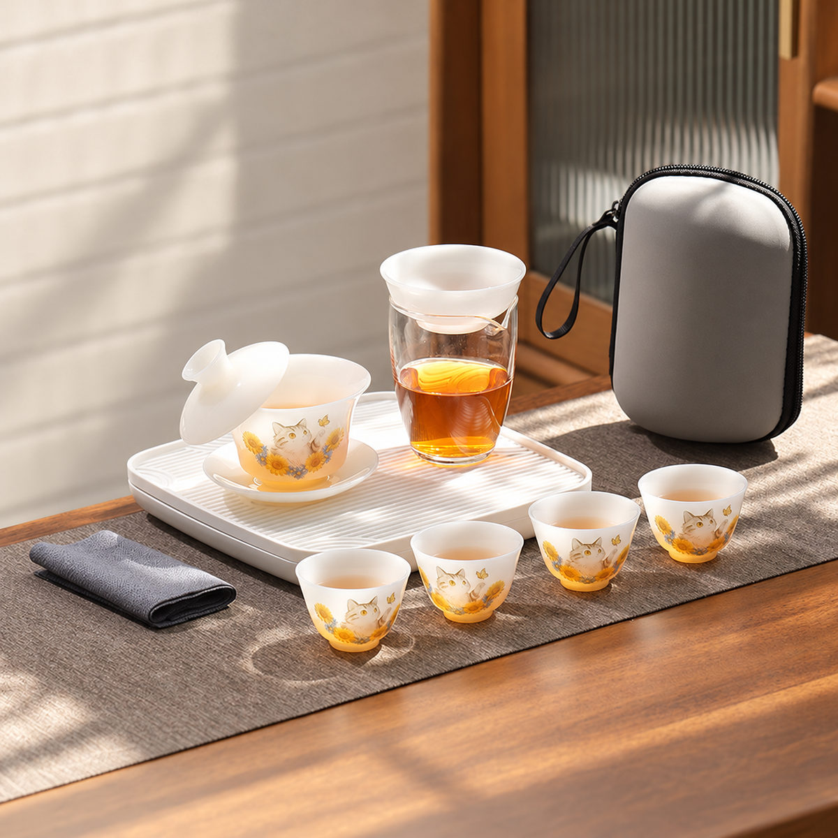 Sunflower Cat · Translucent White · Four Cups · With Tray