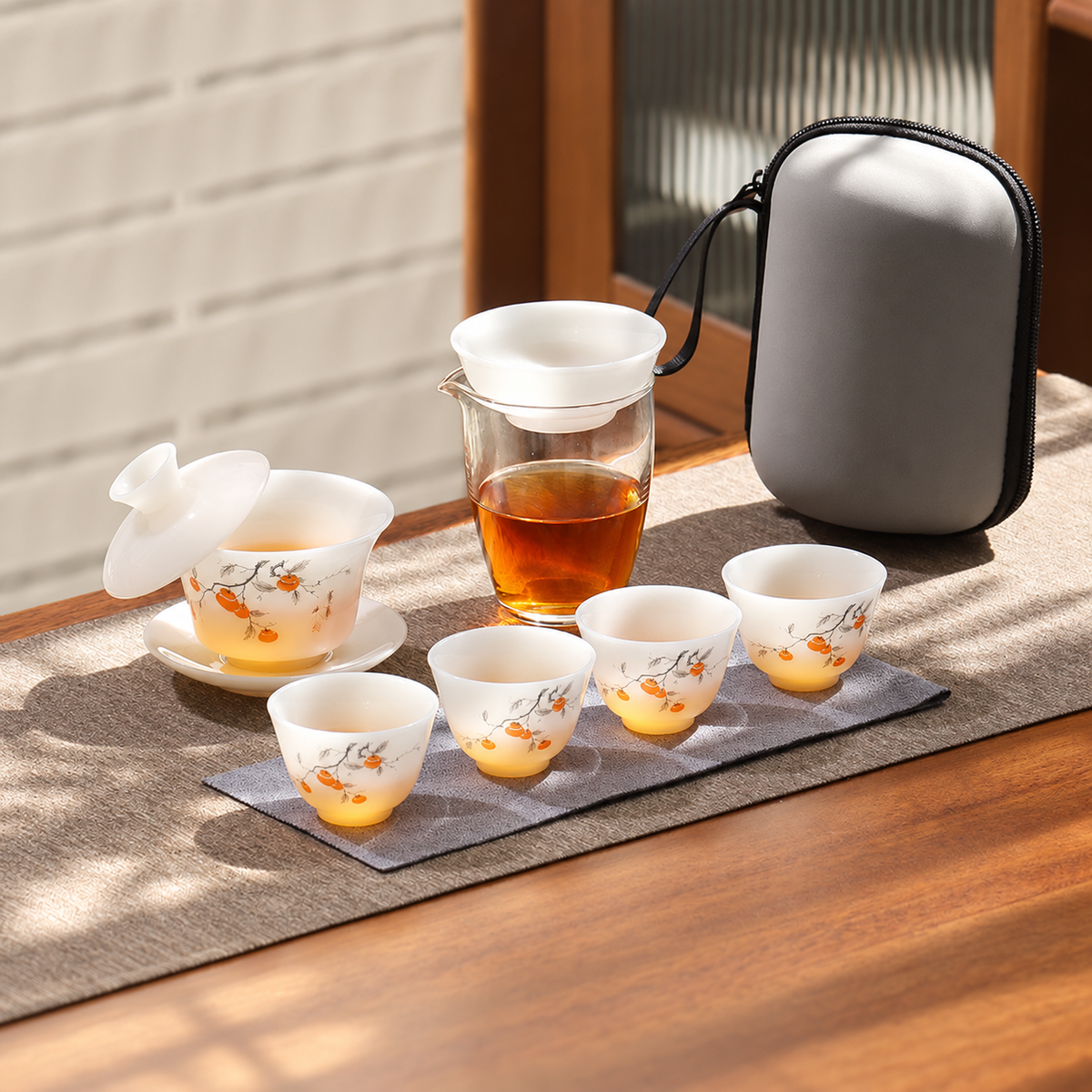 Persimmon Branches · Translucent White · Four Cups · Without Tray