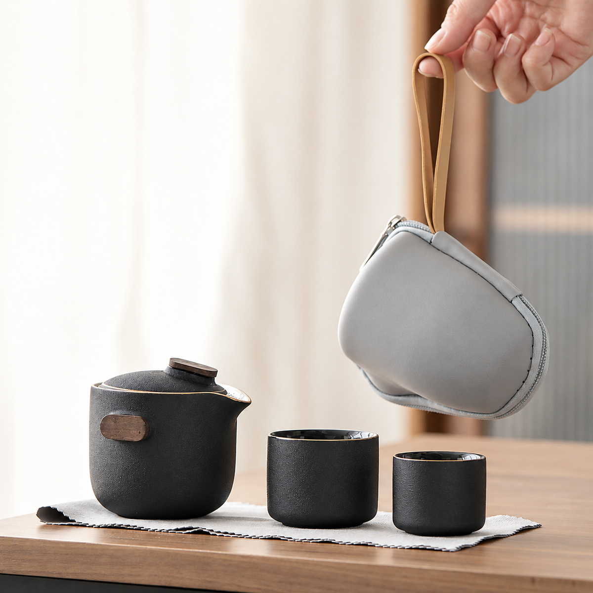 Wood-Accent Ceramic Travel Tea Set — image 3
