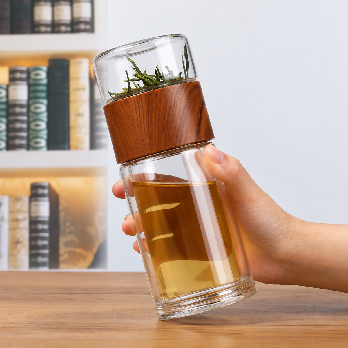 Glass Tea Infuser with Wood-Grain Collar — image 1