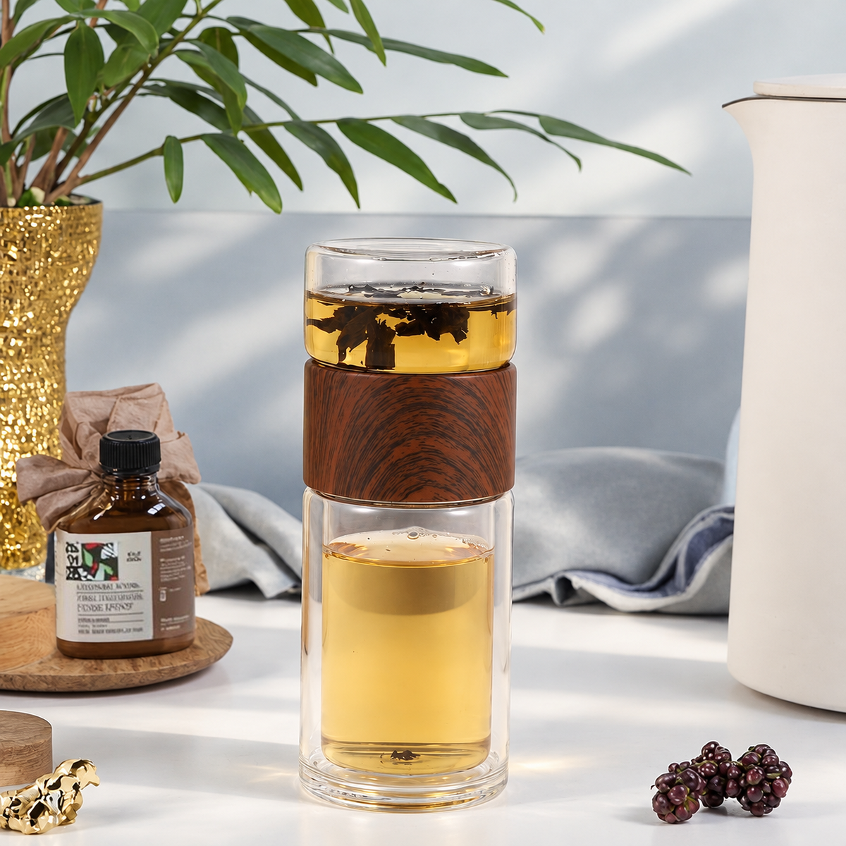 Glass Tea Infuser with Wood-Grain Collar — image 4