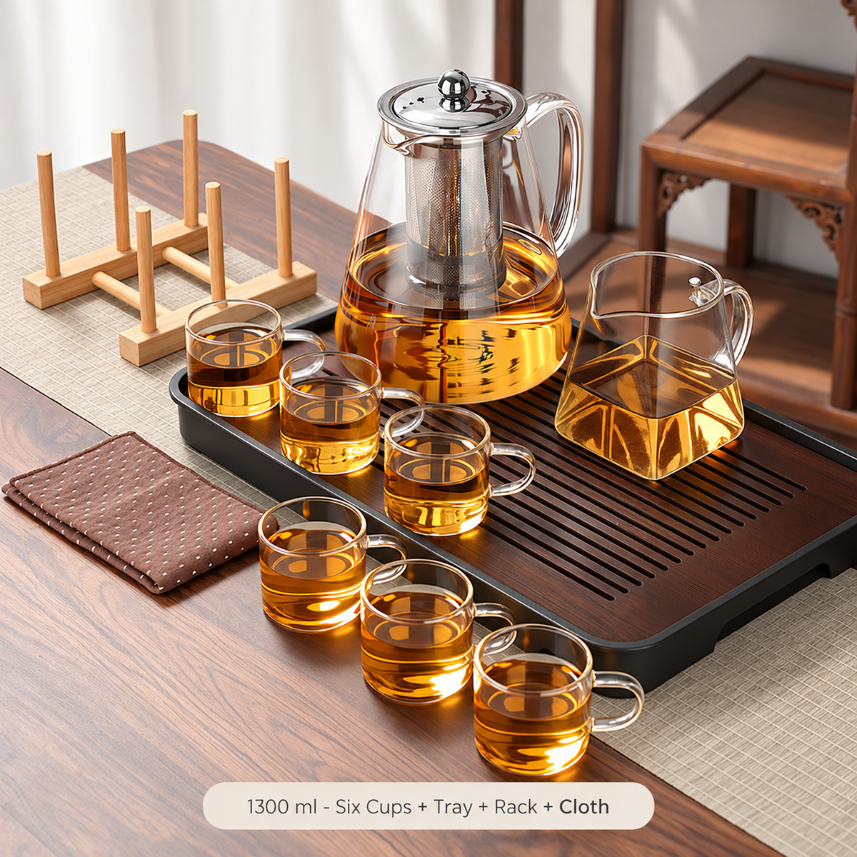 1300 ml - Six Cups + Tray + Rack + Cloth