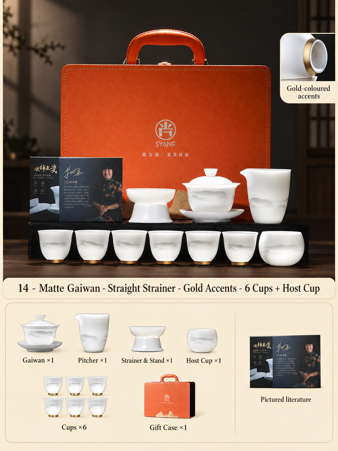 14 - Matte Gaiwan - Form B - Gold Accents - 6 Cups + Host Cup