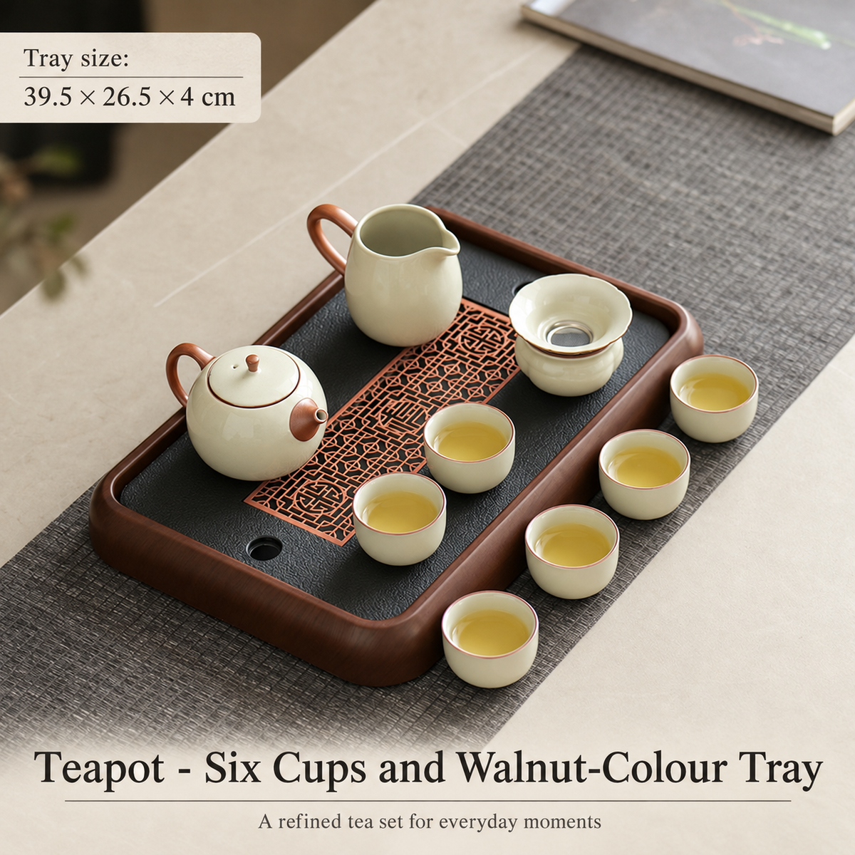 Teapot - Six Cups and Walnut-Colour Tray