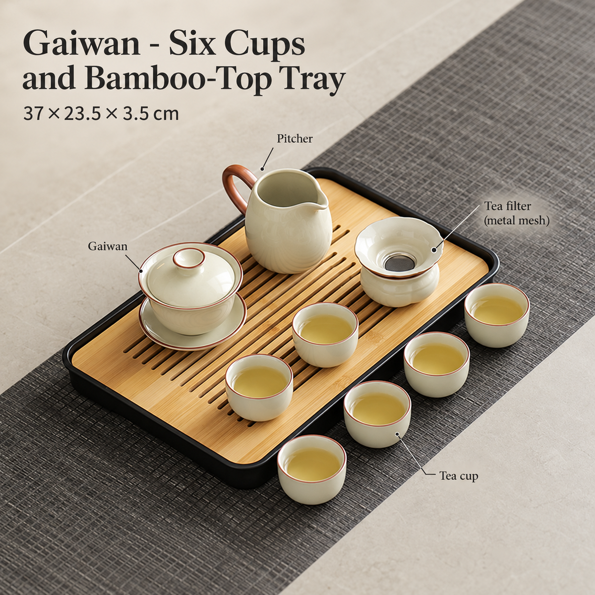 Gaiwan - Six Cups and Bamboo-Top Tray