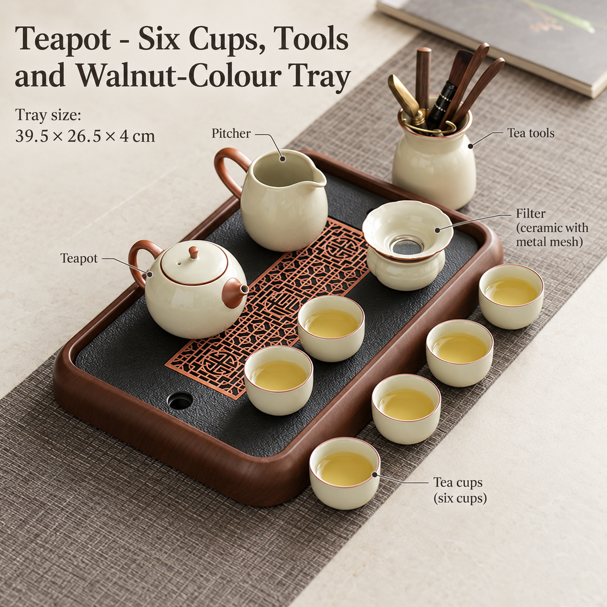 Teapot - Six Cups, Tools and Walnut-Colour Tray
