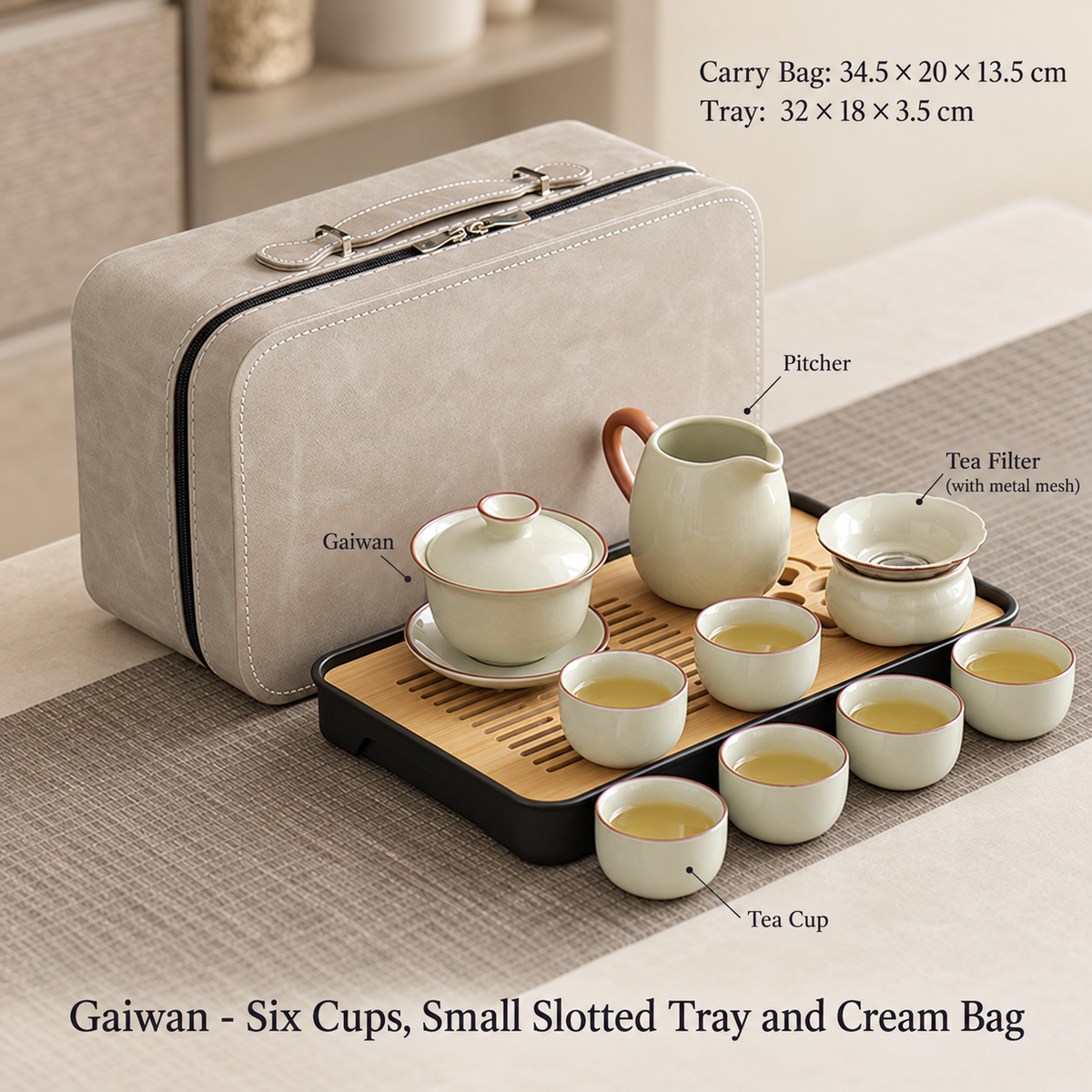 Gaiwan - Six Cups, Small Slotted Tray and Cream Bag