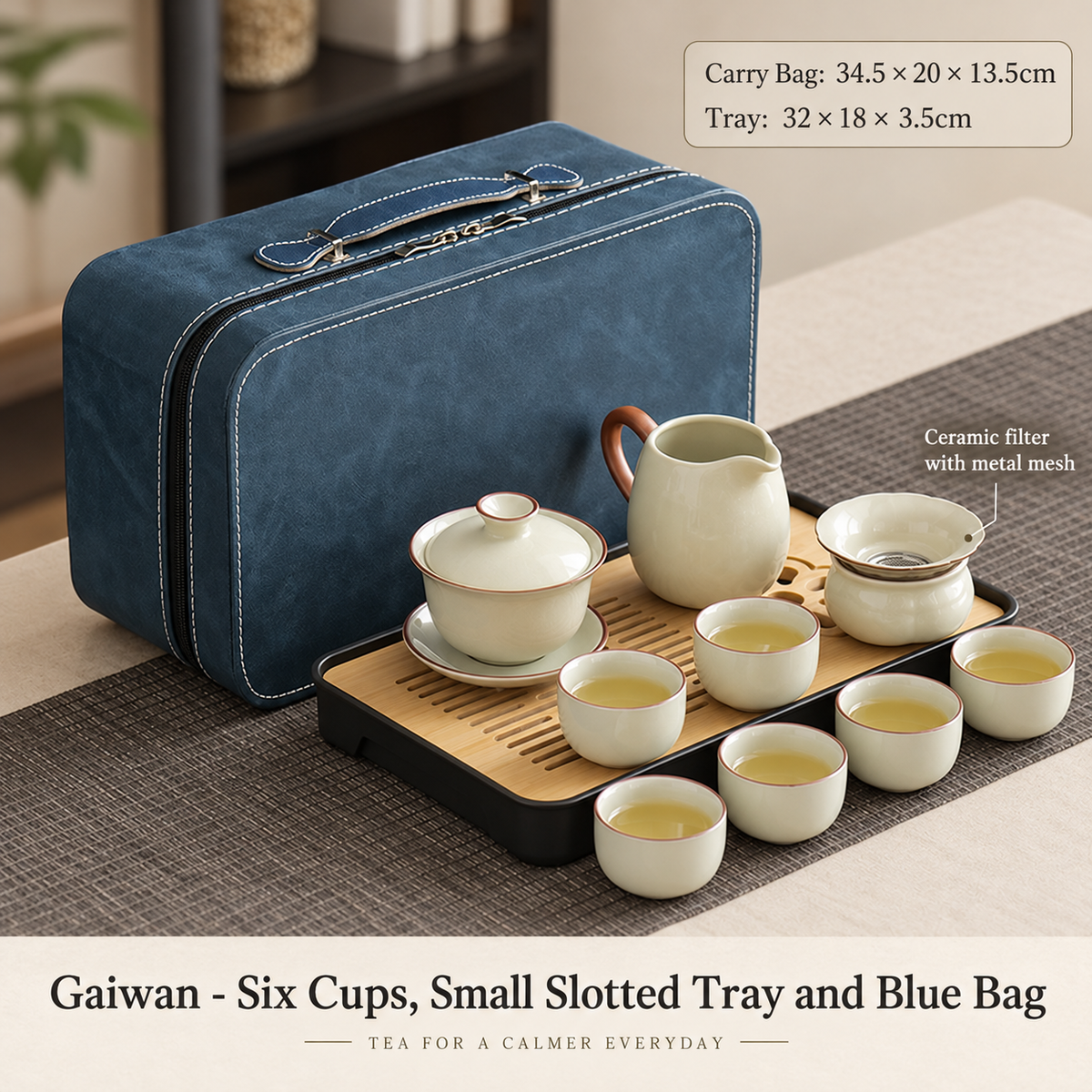 Gaiwan - Six Cups, Small Slotted Tray and Blue Bag