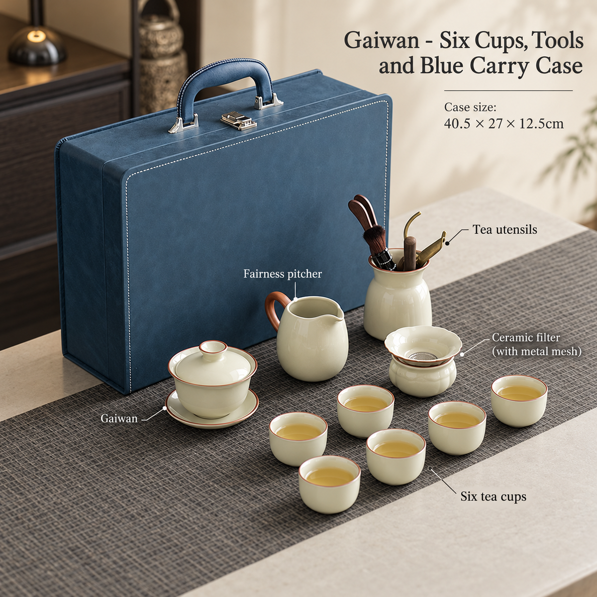 Gaiwan - Six Cups, Tools and Blue Carry Case