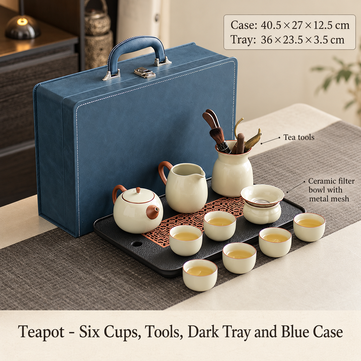 Teapot - Six Cups, Tools, Dark Tray and Blue Case