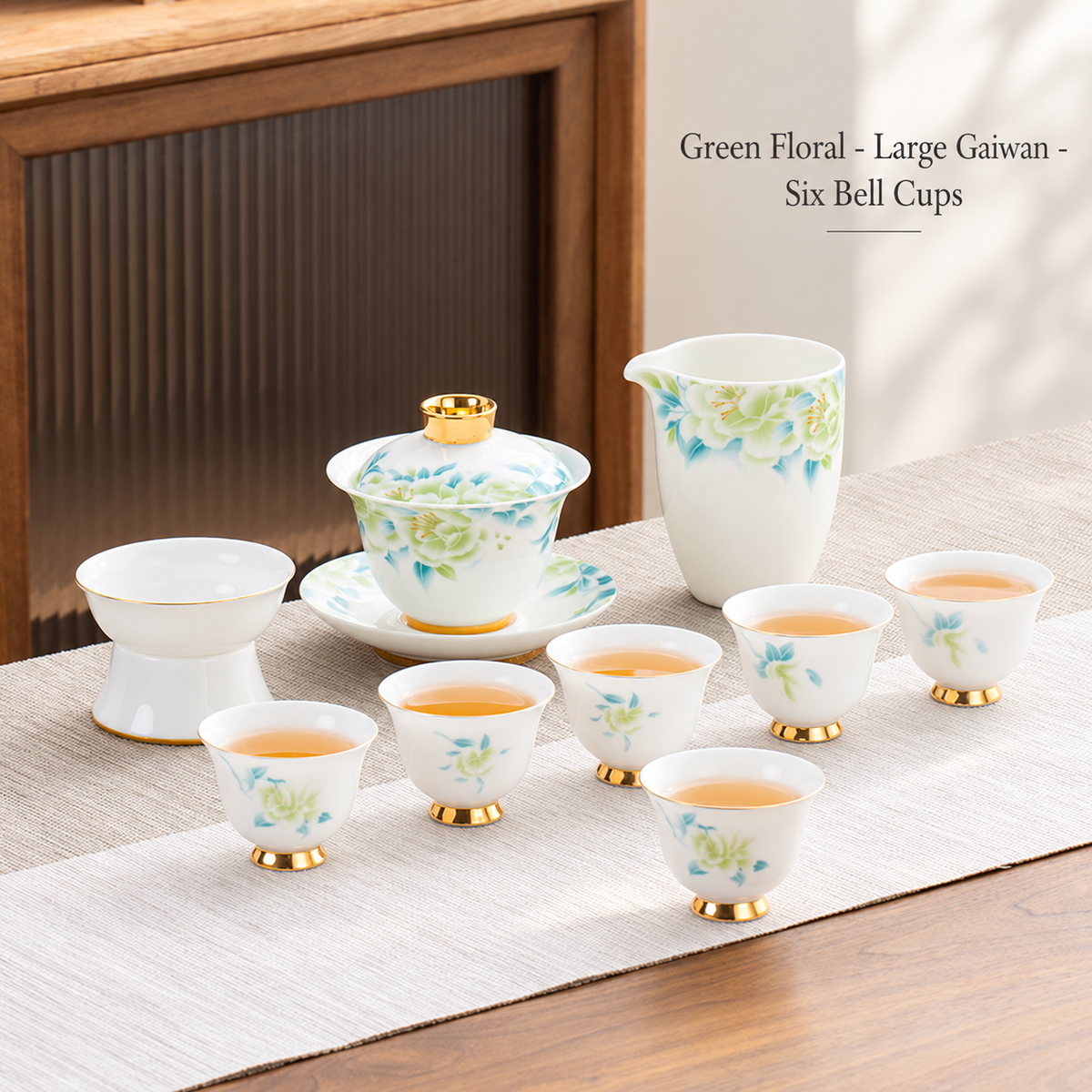 Green Floral - Large Gaiwan - Six Bell Cups
