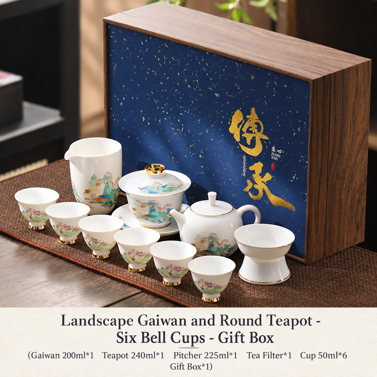 Landscape Gaiwan and Round Teapot - Six Bell Cups - Gift Box