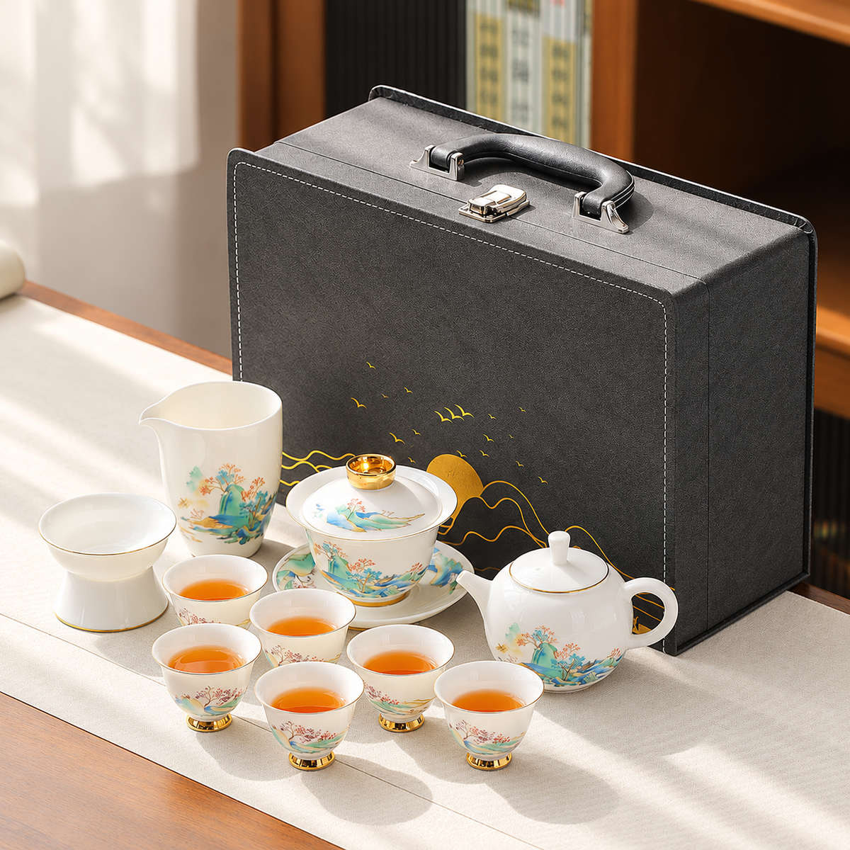 Landscape Gaiwan and Round Teapot - Six Bell Cups - Charcoal Case