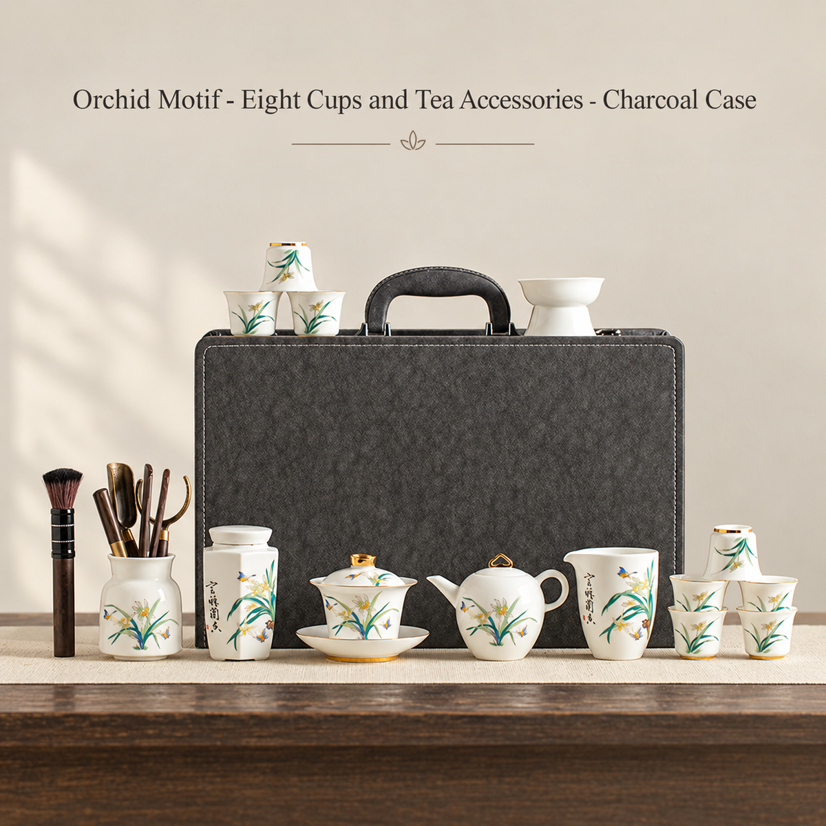 Orchid Motif - Eight Cups and Tea Accessories - Charcoal Case
