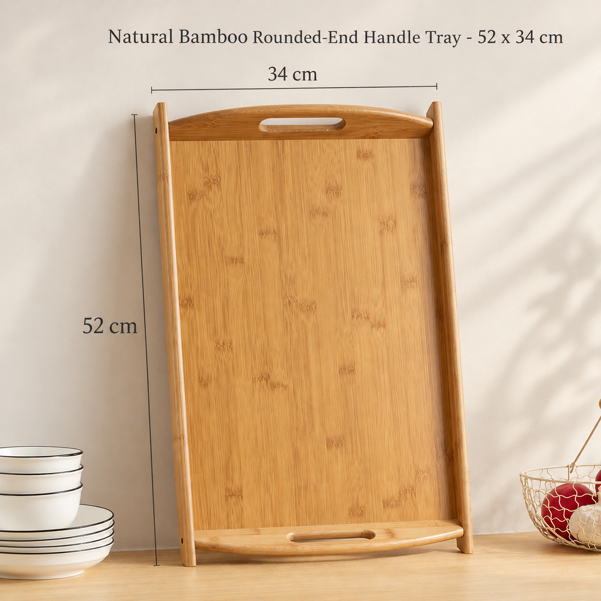 Natural Bamboo Rounded-End Handle Tray - 52 x 34 cm