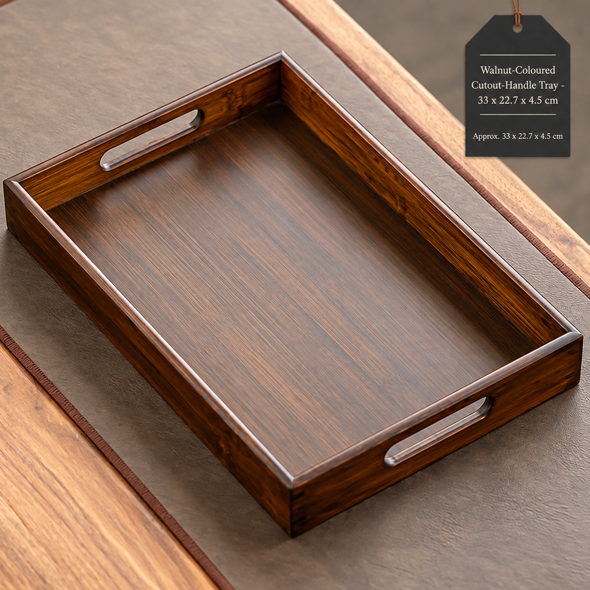 Walnut-Coloured Cutout-Handle Tray - 33 x 22.7 x 4.5 cm
