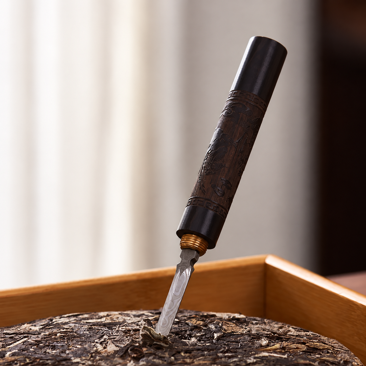 The tool at rest in compressed tea.