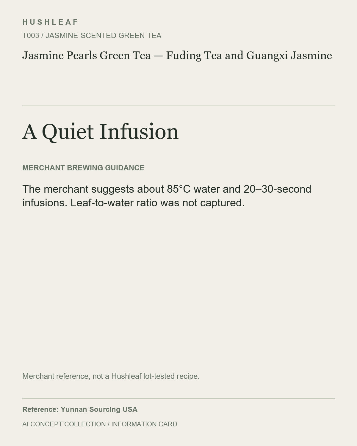 AI concept collection — brewing information card — Jasmine Pearls Green Tea — Fuding Tea and Guangxi Jasmine