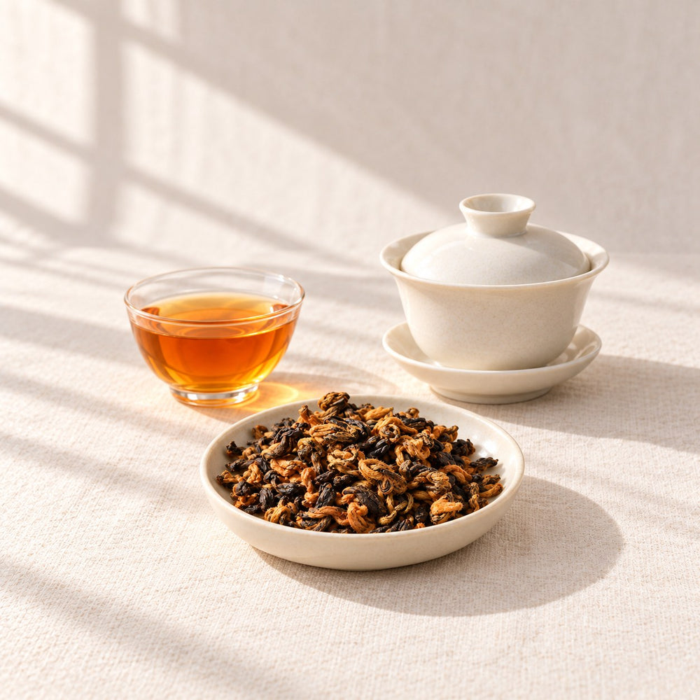 AI brewing scene concept — Black Gold Bi Luo Chun Black Tea — Ninger, Yunnan