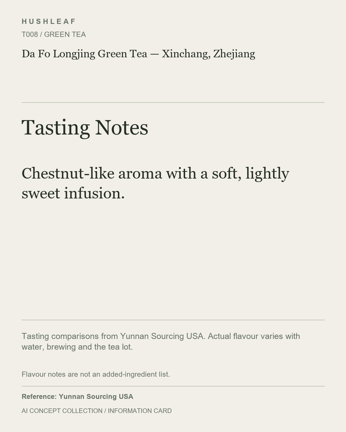 AI concept collection — tasting information card — Da Fo Longjing Green Tea — Xinchang, Zhejiang