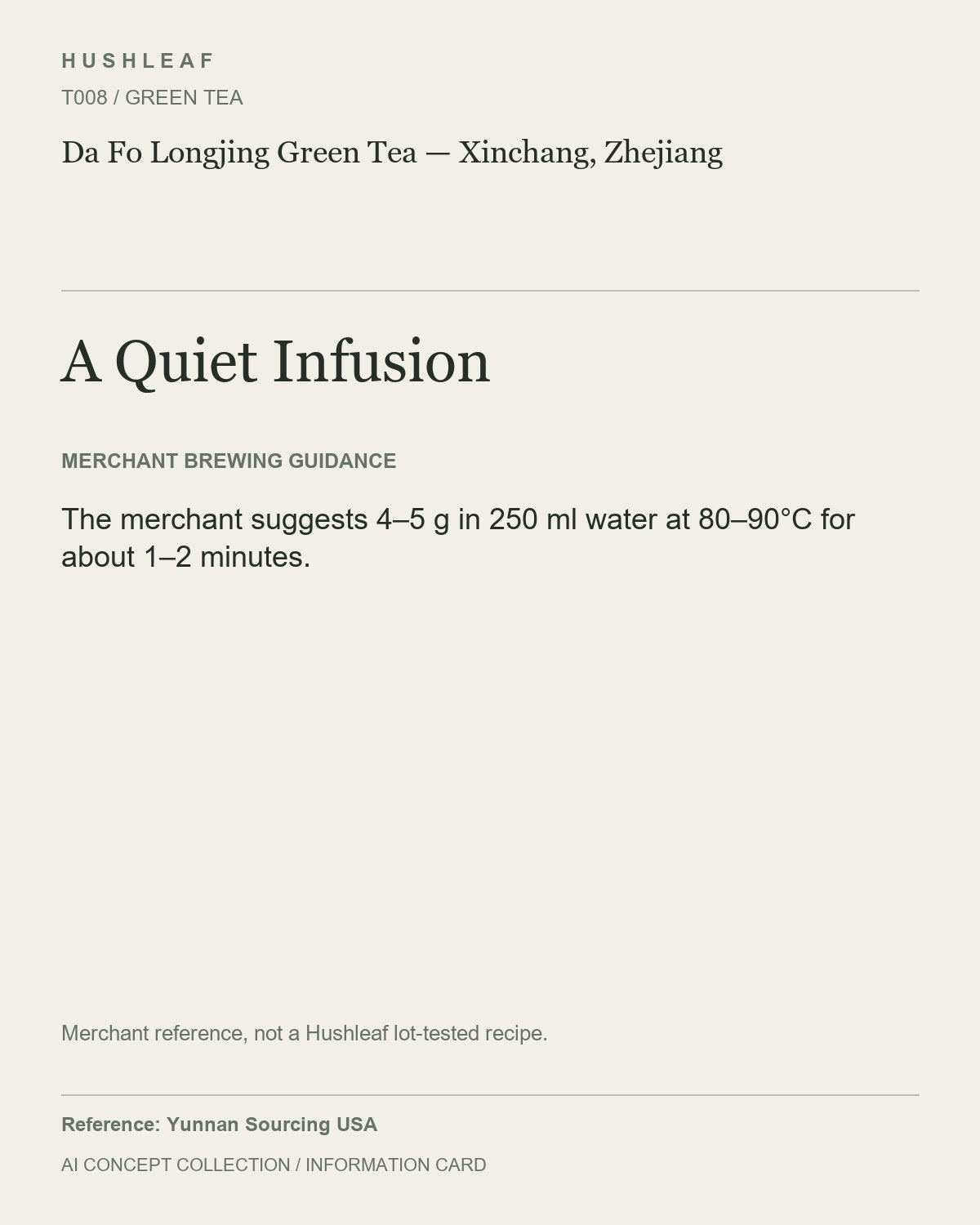AI concept collection — brewing information card — Da Fo Longjing Green Tea — Xinchang, Zhejiang